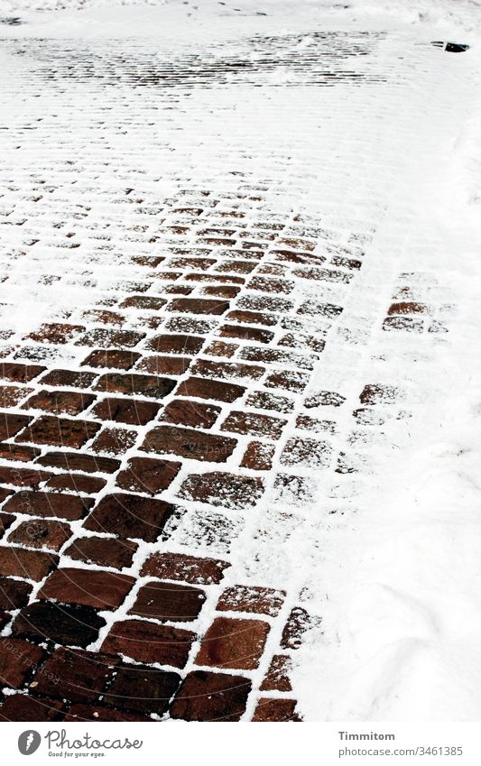 Da war doch ein Weg... Schnee Winter Wege & Pfade Kälte Spuren kalt Außenaufnahme Frost Menschenleer Pflastersteine braun weiß