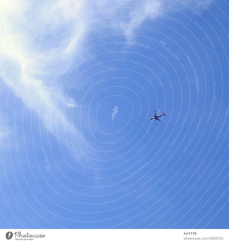 Flugzeug vor blauem Himmel mit Cirruswolken Höhe Urlaub Reisen Freiheit blauer Himmel durch die Luft am Himmel Sonnenschein Linienmaschine Fernweh menschenleer