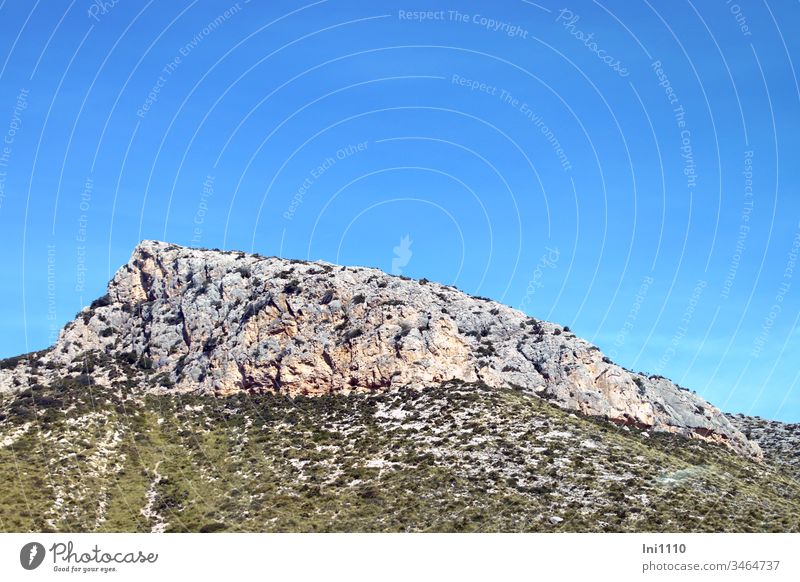 Serra de Tramuntana Mallorca Gebirge Gebirgszug Stein Teilansicht Gras zerklüffet Sträucher Baumgrenze schöner Ausblick himmelblauer Himmel Urlaub Natur