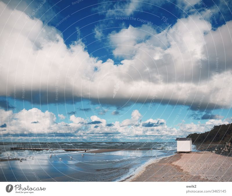 Das weiße Haus Strand Ostsee Polen Küste maritim Himmel Wolken Urelemente Luft Wasser Wellen Weite Sand Sandstrand Idylle blau Hütte klein Kabine einsam