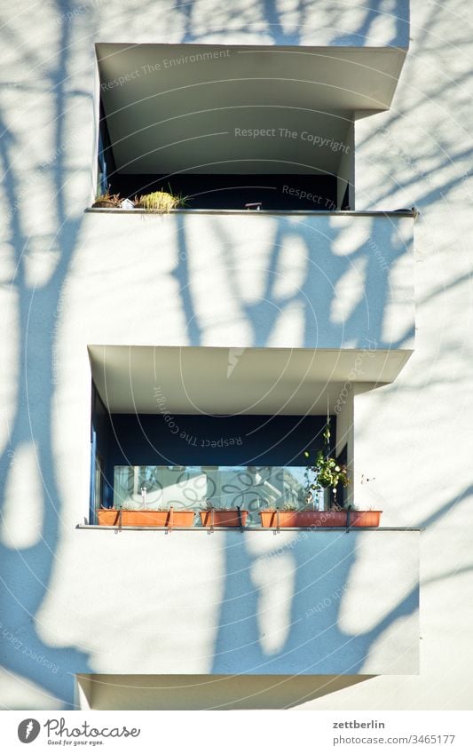 Balkons mit Schatten altbau außen fassade fenster haus hinterhaus hinterhof innenhof innenstadt mauer mehrfamilienhaus menschenleer mietshaus textfreiraum wand
