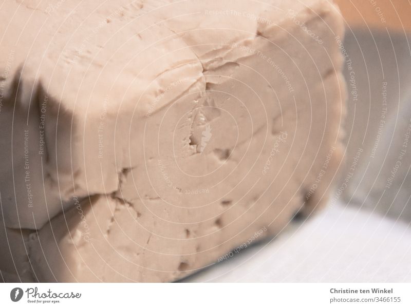 Ein Würfel frische Hefe in Nahaufnahme Frischhefe Zutaten coronakrise ausverkauft Schwache Tiefenschärfe Küche backen Brot