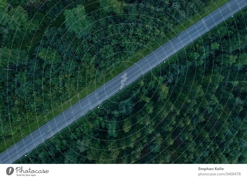 Eine Straße durch einen Wald aus der Draufsicht, gefilmt von einer Drohne, diagonale Linie, die das Foto in zwei gleiche Teile teilt. Landschaft Baum Ansicht