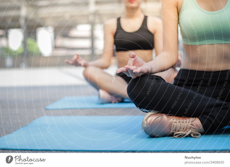 Junge asiatische Frauen in Sportkleidung, die mit Freunden Yoga-Meditation im Freien praktizieren, Wohlfühl- und Wellnesskonzept Aktivität Erwachsener attraktiv