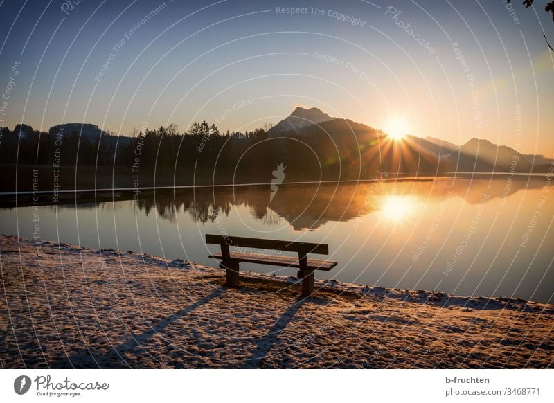 Parkbank am See, Morgenstimmung mit Sonnenaufgang Landschaft Stimmung Natur Außenaufnahme Menschenleer Morgendämmerung Reflexion & Spiegelung Seeufer Umwelt