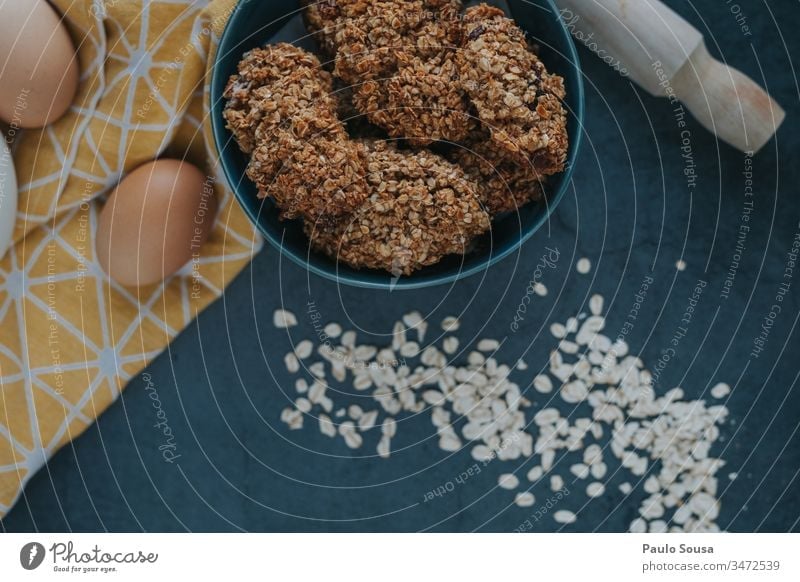 Haferplätzchen-Hintergrund Keks Weizen Korn Farbfoto Tag Ernährung Lebensmittel Ei Essen zubereiten backen Backwaren Küche frisch gebastelt Vorbereitung Mehl