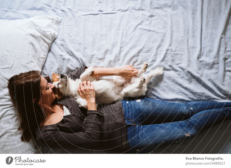 junge Frau und Hund zu Hause auf dem Bett liegend. Liebe, Zweisamkeit und Haustiere im Haus heimwärts aussruhen schlafen Zusammensein Zusammengehörigkeitsgefühl