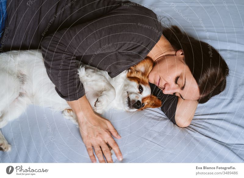 junge Frau und Hund zu Hause auf dem Bett liegend. Liebe, Zweisamkeit und Haustiere im Haus schlafen heimwärts aussruhen Zusammensein Zusammengehörigkeitsgefühl