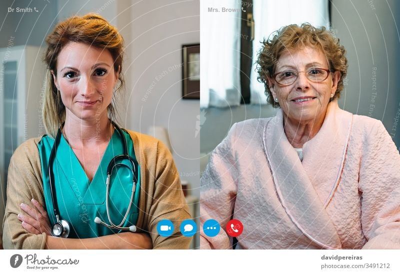 Videoanruf-Bildschirm mit älterer Frau und Ärztin Senior Krankenhaus Coronavirus Arzt medizinischer Bericht Quarantäne geduldig Großmutter Wiederherstellung