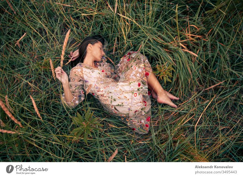 Junge Frau in durchsichtigem Kleid mit Blumen liegt auf einem Rasen. Jugendliche romantisch romantische Stimmung Gras frisch Hand Knie Mensch Außenaufnahme