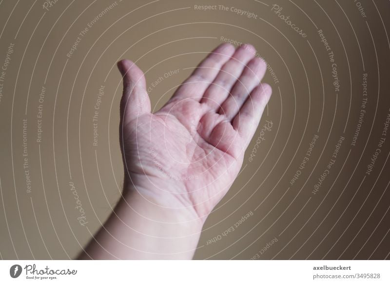offene Hand Handfläche Helfen helfende Hand leer zeigen geste körperteil männlich linke Hand gestikulieren Mensch geringe Schärfentiefe geringe Tiefenschärfe