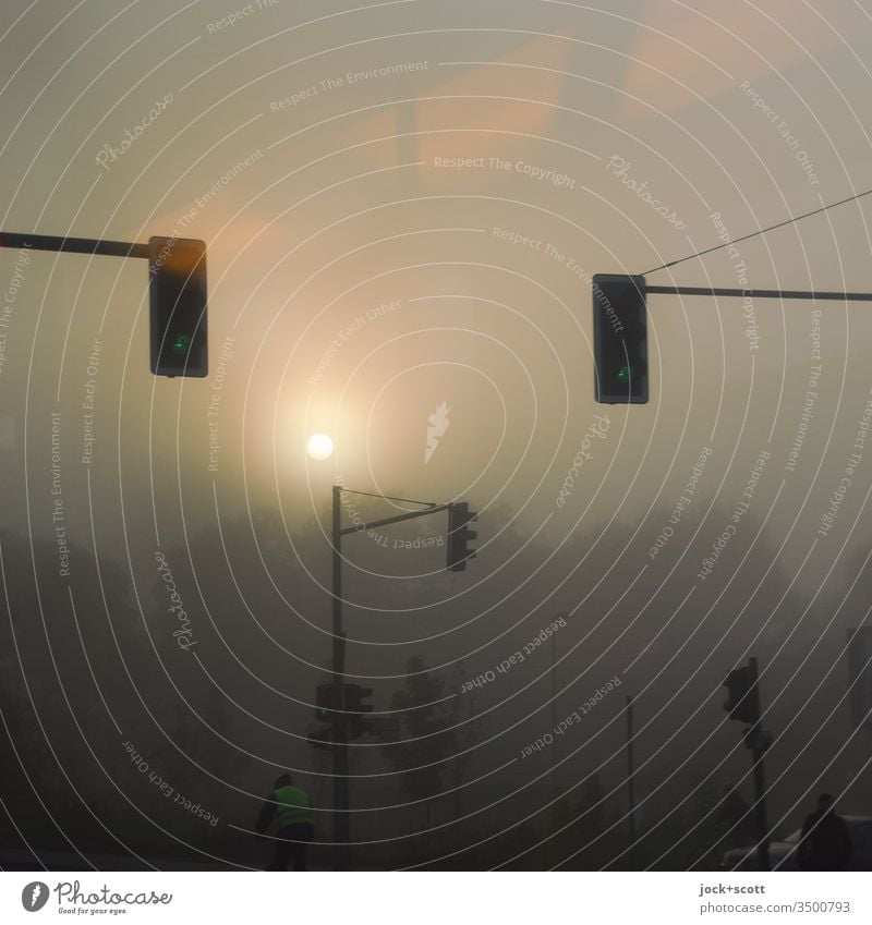 An einem Nebeltag kreuzen sich die Verkehrsteilnehmer bei Sonnenschein Unschärfe Sonnenlicht Silhouette Morgendämmerung Kreuzung Sonnenaufgang schemenhaft
