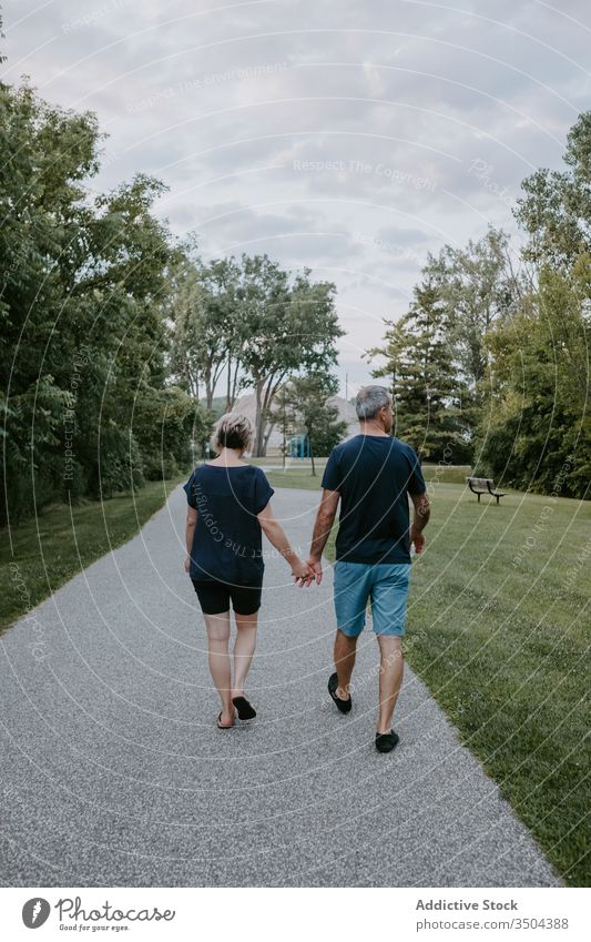 Reifes Paar beim Spaziergang im Park Zusammensein romantisch Händchenhalten reif lässig Liebe Partnerschaft verheiratet Erwachsener Sommer grün Weg Zuneigung