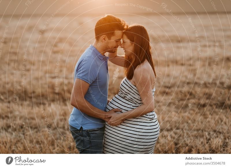 Paar wartet auf ein Baby im Feld schwanger Heufeld Sonnenuntergang Liebe berühren Bauch Zusammensein Angebot Landschaft Mann Frau Natur erwarten Partnerschaft