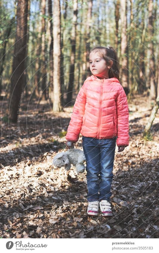 Kleines Mädchen steht auf einem Baumstumpf im Wald während eines Spaziergangs an einem sonnigen Frühlingstag und hält einen Spielzeugteddybären auf Distanz Kind