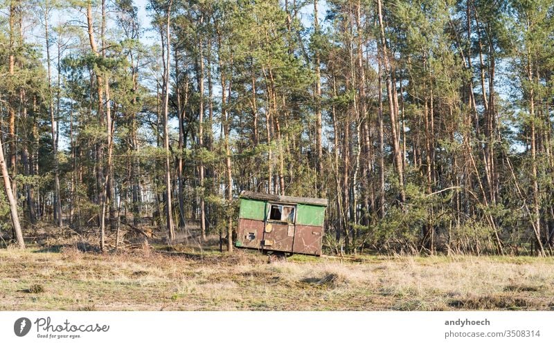 Ein Bauwagen steht am Rande eines Waldes Verlassen gealtert antik Hintergrund schön gebrochen Lager Wohnmobil Campingplatz Wohnwagen nadelhaltig Beschädigte