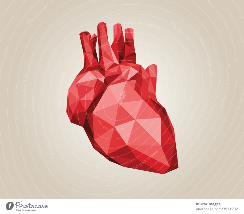 stilisiertes geometrisches niederpolygonales Dreieck Herzrot auf hellbraunem Hintergrund Ikon Grafik u. Illustration medizinisch Anatomie Kardiologie graphisch
