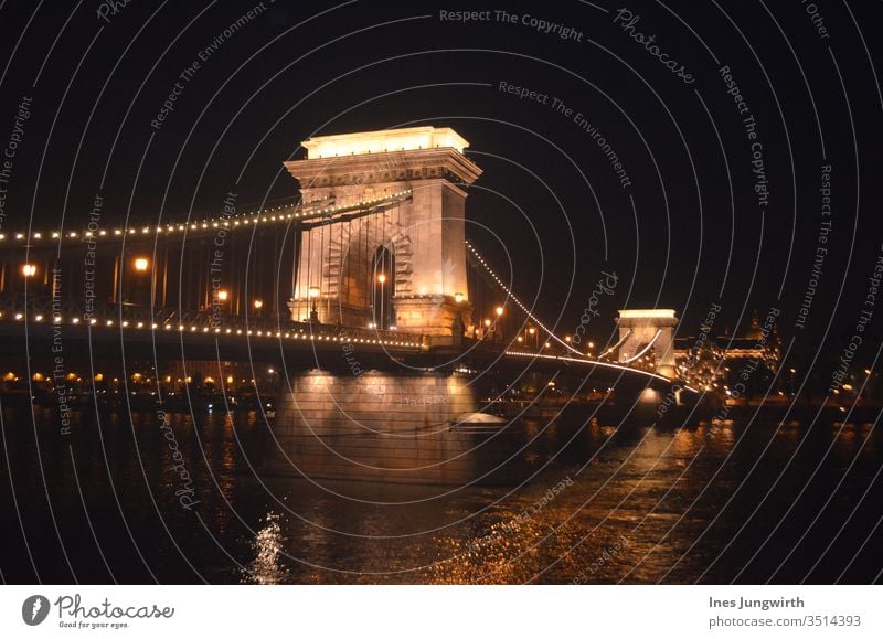 abendliche Beleuchtung der Kettenbrücke in Budapest Brücke Nacht Nachtaufnahme Licht Ungarn Tourismus Architektur historisch Farbfoto Sehenswürdigkeit