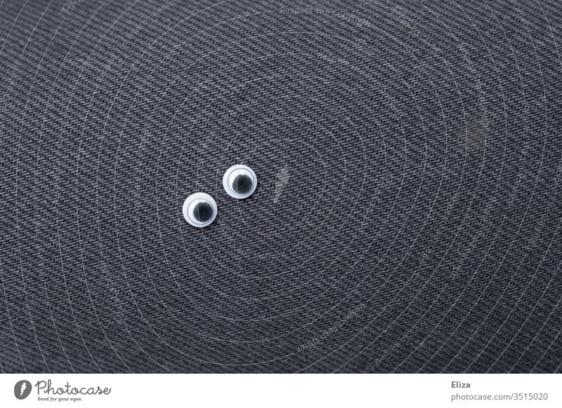 Zwei sehende Augen auf dunklem Stoff Wackelaugen beobachten spionieren gucken betrachten neugierig Menschenleer Blick Neugier Überwachung Wachsamkeit grau