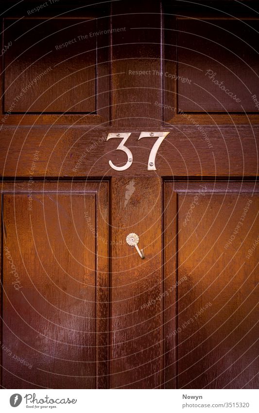Hausnummer 37 an einer dunklen Holzhaustür mit krummen Haken 37 Zahl Adresse schwarz britannien klassisch stilvoll abschließen Nahaufnahme