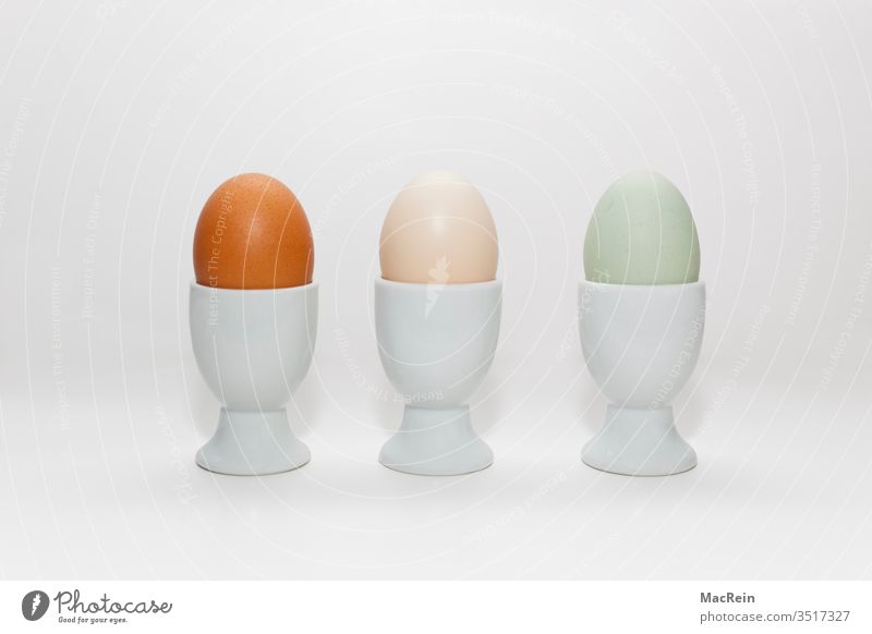 3 Eier von unterschiedlichen Hühnern ei eier Eierbecher eierschalenfarben frühstückseier gelege nahrungsmittel niemand textfreiraum oval Hühnerprodukte