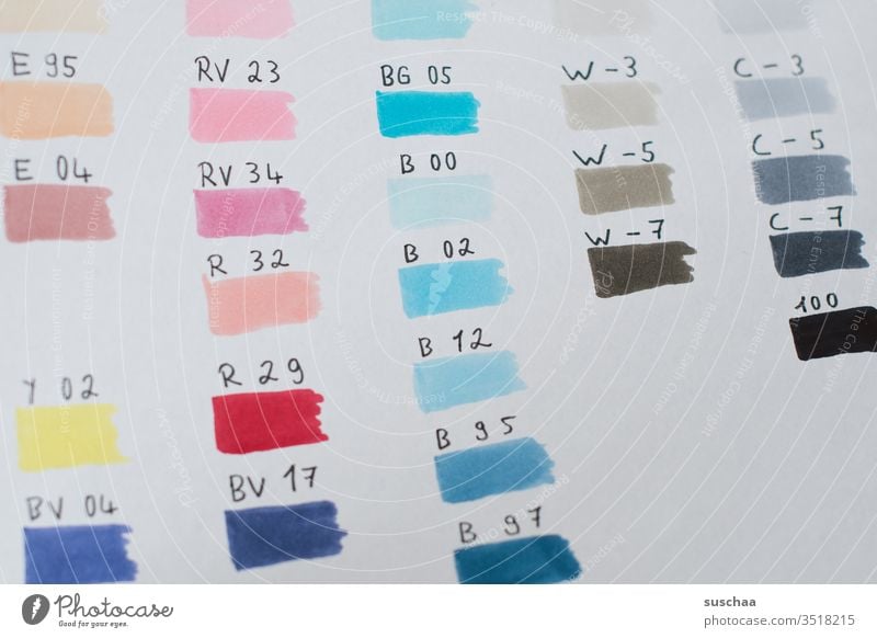 selbstangelegte farbtafel Farben Kleckse Farbtafel Nummerierung Kennzeichnung selbstgemacht Farbtöne Farbabstufung Grautöne Malwerkzeug Tabelle Bezeichnung