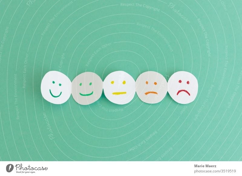 Stimmungsbarometer | Papierkette mit 5 Gesichtern von glücklich bis schlecht drauf Gefühle Erfahrung Smiley Begeisterung Enttäuschung Computer-Nutzer Kunde