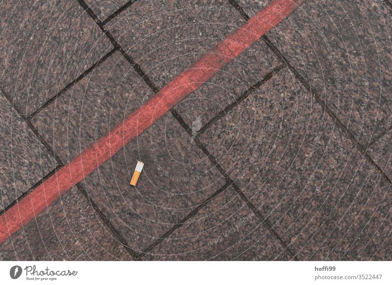 rote Line mit Kippe ohne Lippe rote linie Linie Grenze kippen ausdrücken Zigarettenstummel Linienverlauf Pflastersteine Pflasterweg Gehwegsteine gehwegplatte