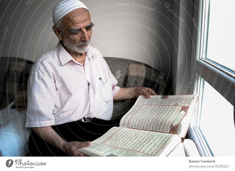 Weiser alter muslimischer Mann, der Taqiyah trägt, liest türkische Übersetzung des Koran in Leidenschaft weise Islam taqiyah Schädeldecke Fenster Sitzen