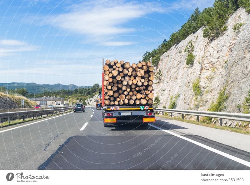 Holztransporter auf der Autobahn. Lastwagen Nutzholz Transport Straße Verkehr Wald Totholz Abholzung Lastkraftwagen Industrie Baum schwer Fahrzeug Rohstoffe
