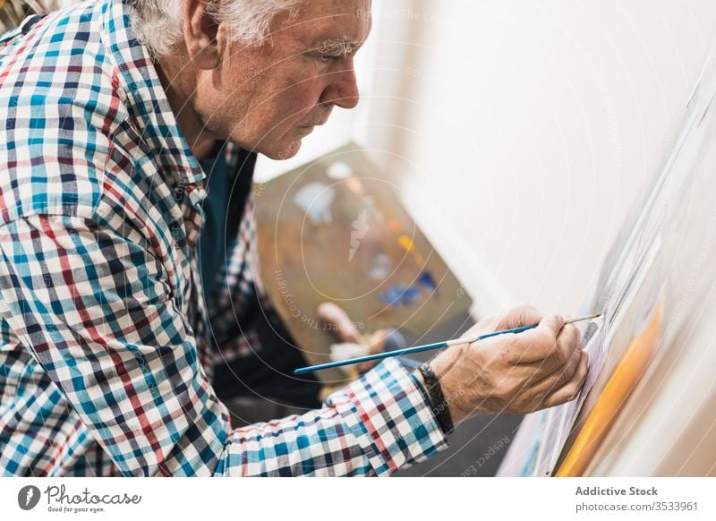 Fokussierter alter Mann malt Bild mit Pinsel Künstler gealtert Pinselblume Kunst heimwärts Inspiration zeichnen Farbe Konzentration Palette Erdöl Staffelei