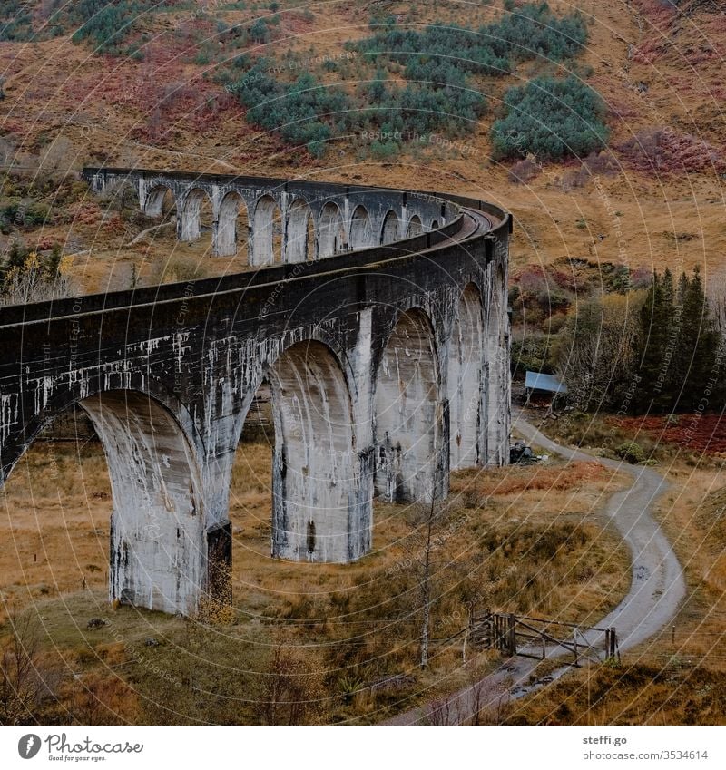 Viadukt in Schottland im Herbst; Drehort Harry Potter Filme Europa Großbritannien Farbfoto Außenaufnahme Natur Menschenleer Landschaft Tag