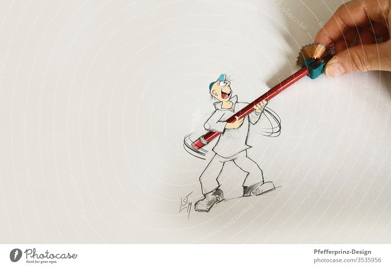 Teamwork - Karikatur - Comicfigur und Bleistiftspitzen Zusammen Helfen Zeichnung