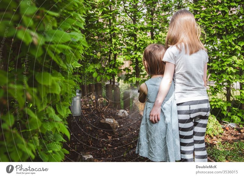 Zwei Kinder gießen umarmend den Garten Mädchen Farbfoto Umarmen zusammen Zusammenhalt Zuneigung Freizeit & Hobby Gartenarbeit Hecke dicht an dicht Spaß haben