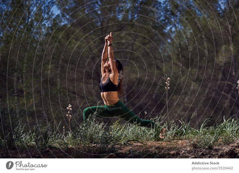 Ganzkörper einer konzentrierten Sportlerin in aktiver Kleidung, die tagsüber in der Natur Yoga praktiziert Konzentration üben Asana Sonne passen Krieger-Pose