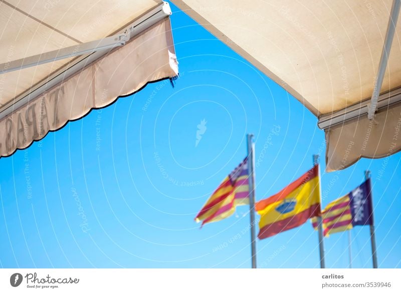 Unter der Markise mit Sangriafahne die Flaggen ansehen Spanien Balearen Ferien & Urlaub & Reisen Sommer Mallorca mediterran Wärme Fahne Mast Tapasbar Süden