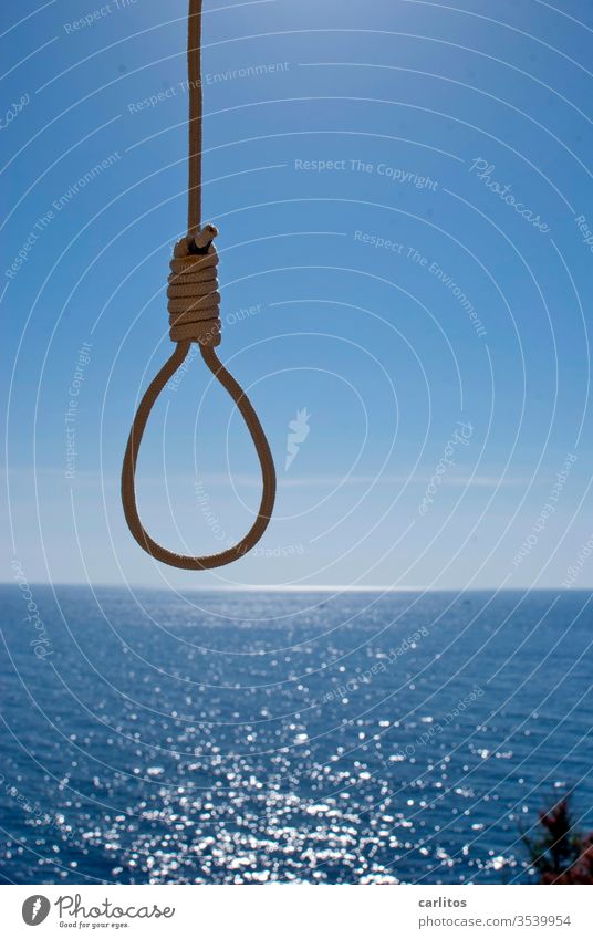 Folgenschwere Entscheidung Meer Mittelmeer Mallorca Aussicht Freiheit Unendlichkeit Horizont Strick Schlinge Knoten hängen Suizid Ausweg Ausweglosigkeit Küste