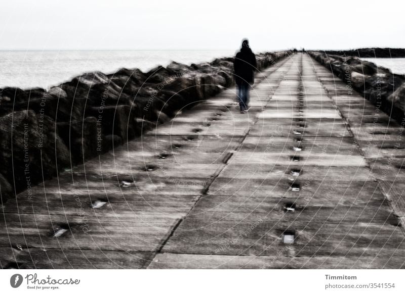 Den Weg gehen... Mole Ziel allein Mensch Wege & Pfade Perspektive Außenaufnahme Dänemark Mehrfachbelichtung Einsamkeit Nordsee Wasser Beton Steine Horizont