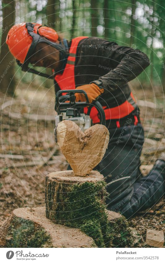 #S# Waldarbeiter mit Herz Holz Brennholz Kettensäge Schutzausrüstung Helm Meter Buche Holzarbeiten Natur Baum Holzfäller Forstwirtschaft Baumstamm Abholzung