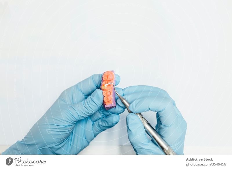 Zahnmedizinstudent übt seine Fähigkeiten im Labor Kiefer künstlich lernen Werkzeug Instrument dental kieferorthopädisch Zähne Bohrer Prothesen Zahnersatz