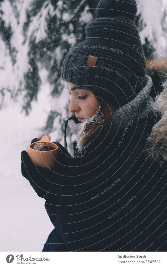 Frau trinkt heissen Tee im verschneiten Wald Winter trinken warm Schnee Tasse kalt Getränk heiß jung reisen Tourismus Finnland Rovaniemi Landschaft Wälder Natur