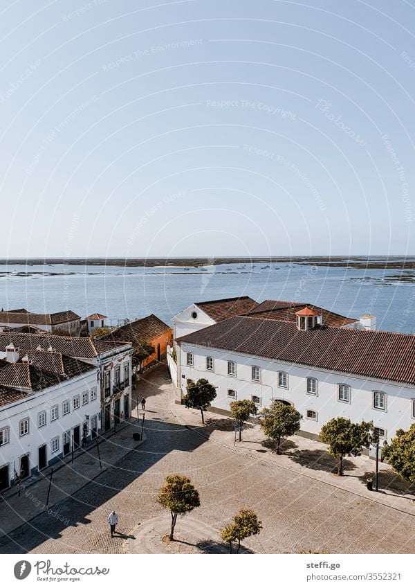 Blick von der Kathedrale über Faro und Wasserlandschaft, Portugal Aussicht Aussichtsturm Aussichtspunkt Ilha de Faro Ferien & Urlaub & Reisen Tourismus Tag