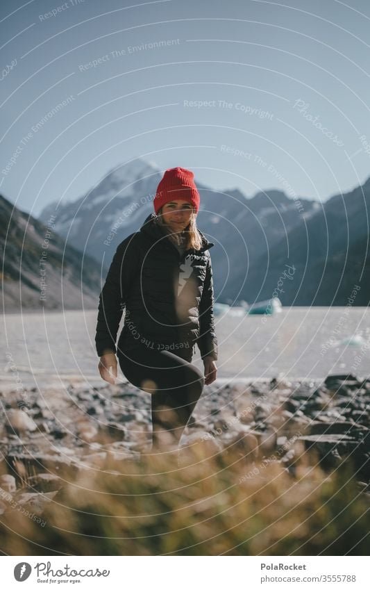 #As# Am Morgen am Eissee Wanderweg Gipfel Fernweh im Freien zwängen Weiblichkeit feminin Frau Tourismus Neuseeland Landschaft Berge u. Gebirge Außenaufnahme