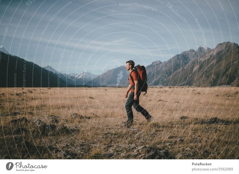 #aS# Walker Gras Stroh Backpacker wandern Ausflugsziel Auszeit Freiheit Junger Mann Mount Cook Wandertag Wanderung Reisende hoch Rucksacktourismus