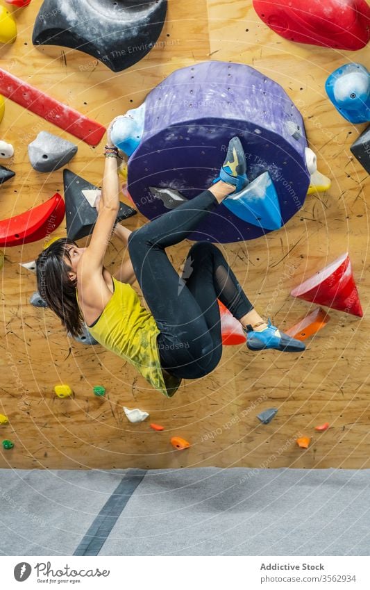 Kräftige weibliche Bouldererin beim Üben an der Wand Aufsteiger Frau Sport Training hängen stark Ausdauer Kraft Felsbrocken Griff hoch Hobby muskulös Gerät