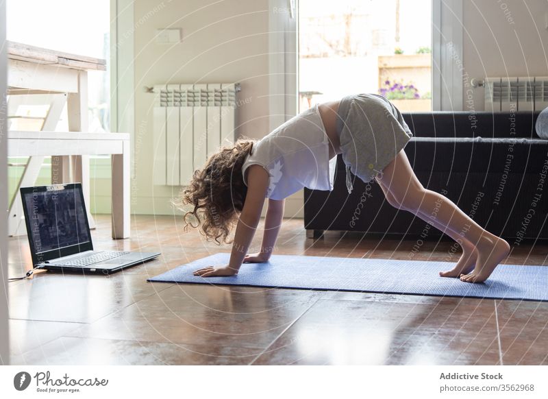 Kind, das zu Hause eine Yoga-Asana ausführt online Laptop Hund abwärts üben heimwärts Mädchen adho mukha svanasana Video Tutorial lernen Pose Gerät Apparatur