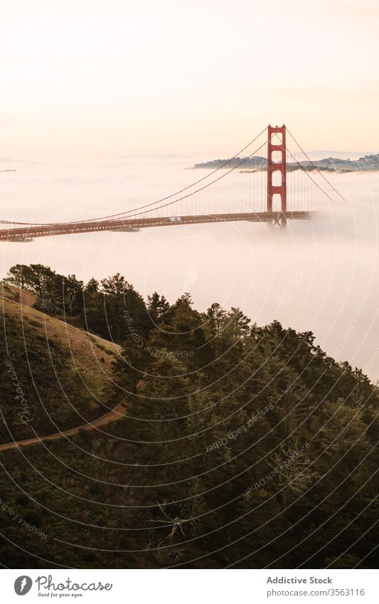 Berühmte Golden Gate Bridge an nebligem Abend Brücke Goldenes Tor Nebel Sightseeing Sonnenuntergang berühmt Weg Meerstraße Konstruktion Architektur Landschaft
