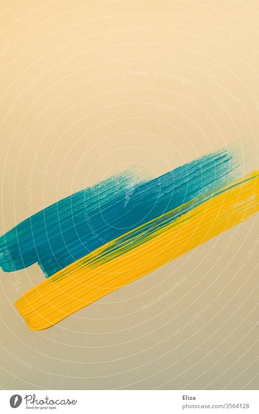 blaue und gelbe Pinselstriche auf beigem Papier grafisch Formen Striche Farbe Kunst Malerei graphisch abstrakt Strukturen & Formen Streifen Muster Design