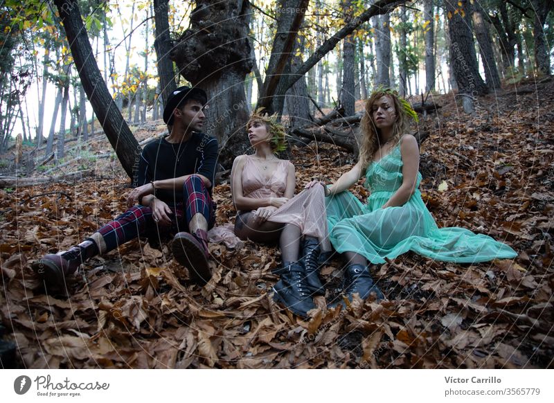 Drei junge böhmische Freunde in einem Wald natürlich hübsch wild geistig Sprit Freiheit böhmen Person stylisch grün Wildtiere Behaarung Land Romantik Kleid