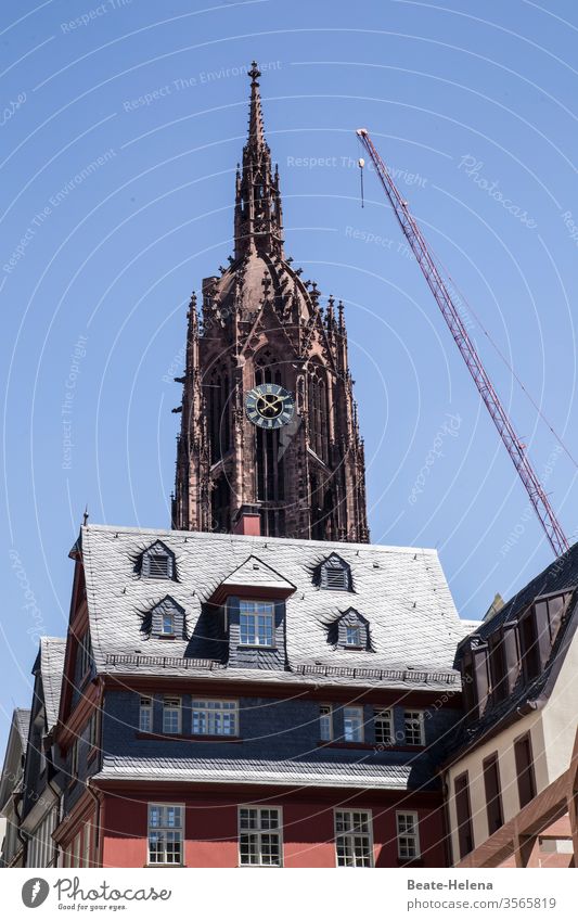 Altstadt Frankfurt/Main Frankfurt am Main Kran Kirche Kirchturm Altbauten Dächer Giebelfenster Tradition Uhrzeit Stadt Himmel Perspektive Wolkenloser Himmel